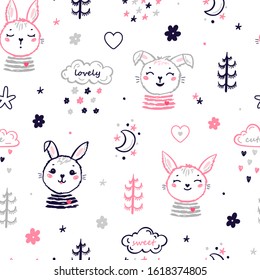 Cute Bunnies Vector Seamless Pattern. Easter Little Rabbit Faces. Doodle Bunny Heads with Trees, Rain Clouds. Cartoon Animal Background for Kids Fashion, Nursery, Baby Shower Scandinavian Design
