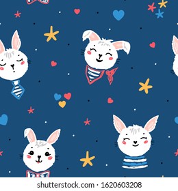 Cute Bunnies Vector Seamless Pattern. Easter Little Rabbit Faces with Stars and Hearts. Doodle Bunny Heads. Cartoon Animal Blue Background for Kids Fashion, Nursery, Baby Shower Scandinavian Design