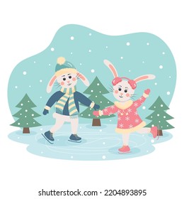 Cute bunnies in warm clothes skating on an ice rink in the forest. Winter greeting card. Bunny or hare - childish mascot 2023 symbol year.