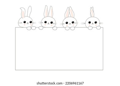 Cute  bunnies with  white sheet for text. Funny rabbits with white banner.