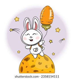 Cute bunny astronaut stands on the moon in space holding a ballon in the shape of a carrot. Space illustration in cartoon style with adventure baby animal, moon and stars isolated white background.