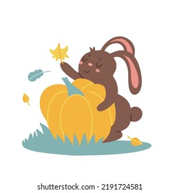 Cute bunny with an autumn harvest. Little brown rabbit holding a big pumpkin in its paws isolated on a white background. Vector flat hand drawn illustration isolated on white background.