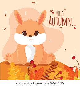 Cute bunny with autumn leaves and text Hello Autumn, Vector