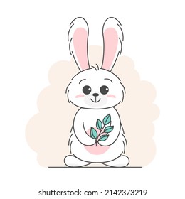 Cute bunny, baby and children concept. Happy easter rabbits different poses cartoon characters. Card with Cute bunny. Bunny with floral leafs. Design for baby, kids poster, card, invitaton. Vector