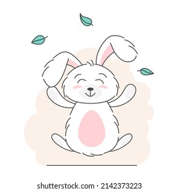 Cute bunny, baby and children concept. Happy easter rabbits different poses cartoon characters. Card with Cute bunny. Bunny with floral leafs. Design for baby, kids poster, card, invitaton. Vector