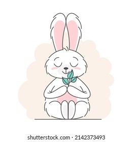 Cute bunny, baby and children concept. Happy easter rabbits different poses cartoon characters. Card with Cute bunny. Bunny with floral leafs. Design for baby, kids poster, card, invitaton. Vector