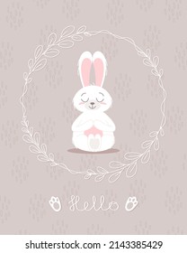 Cute bunny, baby and children concept. Happy easter rabbits different poses cartoon characters. Card with Cute bunny. Bunny with floral leafs. Design for baby, kids poster, card, invitaton. Vector