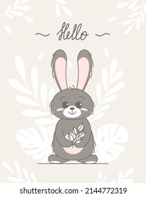 Cute bunny, baby and children concept. Happy easter rabbits different poses cartoon characters. Card with Cute bunny. Bunny with floral leafs. Design for baby, kids poster, card, invitaton. Vector