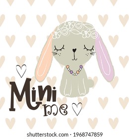 Cute bunny baby girl on hearts background. T-shirt graphics design for kids. Baby shower card. Baby room wall decoration.