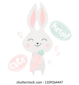 Cute bunny baby print. Sweet rabbit with carrot. Fashion child vector. Cool scandinavian illustration for t-shirt, kids apparel, invitation design