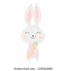 Cute bunny baby print. Sweet rabbit with carrot. Fashion child vector. Cool scandinavian illustration for t-shirt, kids apparel, invitation design