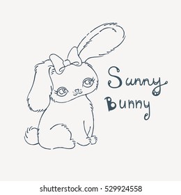 Cute bunny for baby shower or easter card. Hand drawn doodle illustration.