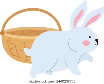Cute bunny baby with woven basket. Easter spring mascot