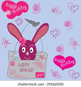 cute bunny in a bag with hearts and flowers and stars happy birthday inscription vector illustration