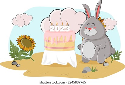 A cute bunny baked a cake for 2023 and decided to treat all the animals in the forest