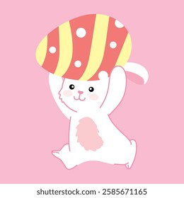 A cute bunny balancing a colorful Easter egg on its head, perfect for festive designs, greeting cards, and holiday decorations.