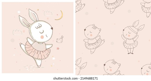 Cute bunny ballerina  and seamless pattern  hand drawn vector illustration  Can be used for baby t  shirt print  fashion print design  kids wear  baby shower celebration greeting   invitation card 