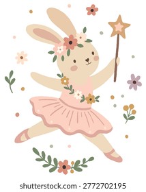 Cute bunny ballerina vector dancing. Wears pink dotted tutu, floral crown, and magical wand. Happy rabbit leaps.