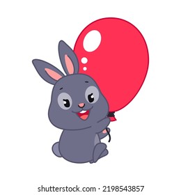 Cute bunny with ballon. Flat cartoon illustration of a funny little black rabbit flying with a big red balloon isolated on a white background. Vector 10 EPS.