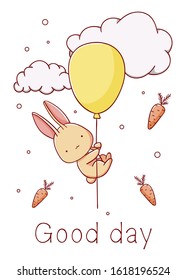 Cute bunny in the balloon with carrot and cloud cartoon kawaii print good day flat hand drawn isolated on white background