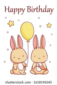 Cute bunny in the balloon with carrot and stars cartoon kawaii print happy birthday flat hand drawn isolated on white background