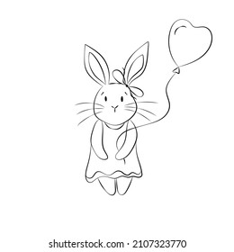 Cute Bunny with a Balloon Happy Easter or Valentines Day Greetings Drawing in Doodle Style