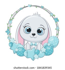 Cute bunny with balloon and wreath. Vector illustration for baby shower, greeting card, party invitation, fashion clothes t-shirt print.