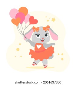 Cute bunny with balloons. Baby hare in red dress, bows and pointe shoes dancing ballet. Design element for printing on children clothing. Cartoon flat vector illustration isolated on white background
