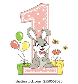 Cute bunny with balloons, happy birthday 1 year old, 1 month old. Happy birthday card with character Rabbit. For design, decor, print, greeting cards.