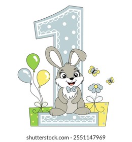 Cute bunny with balloons, happy birthday 1 year old, 1 month old. Happy birthday card with character Rabbit. For design, decor, print, greeting cards.