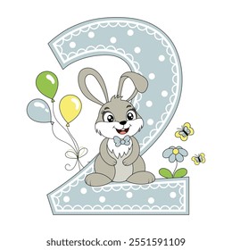 Cute bunny with balloons, happy birthday two year old, two month old. Happy birthday card with character Rabbit. For design, decor, print, greeting cards.