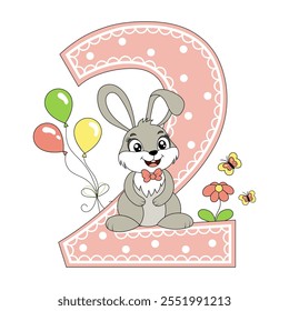 Cute bunny with balloons, happy birthday two year old, two month old. Happy birthday card with character Rabbit. For design, decor, print, greeting cards.