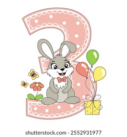 Cute bunny with balloons, happy birthday three year old, three month old. Happy birthday card with character Rabbit. For design, decor, print, greeting cards.