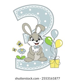 Cute bunny with balloons, happy birthday three year old, three month old. Happy birthday card with character Rabbit. For design, decor, print, greeting cards.