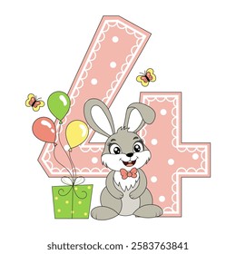 Cute bunny with balloons, happy birthday four year old, four month old. Happy birthday card with character Rabbit. For design, decor, print, greeting cards.