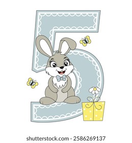 Cute bunny with balloons, happy birthday five year old, five month old. Happy birthday card with character Rabbit. For design, decor, print, greeting cards.