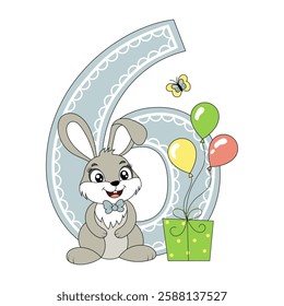 Cute bunny with balloons, happy birthday six year old, six month old. Happy birthday card with character Rabbit. For design, decor, print, greeting cards.