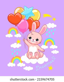 Cute bunny with balloons and rainbows in the sky. Vector illustration for kids