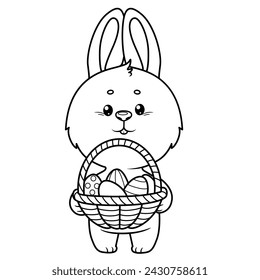 Cute bunny with basket with Easter decorated eggs outlined for coloring on a white background. Image produced without the use of any form of AI software at any stage