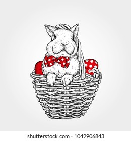 Cute Cute bunny in a basket with Easter eggs. Vector illustration. Spring holiday.