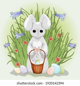 Cute bunny with a basket of Easter eggs. Colorful illustration for Happy Easter