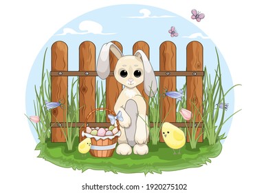 Cute bunny with a basket of Easter eggs. Colorful illustration for Happy Easter