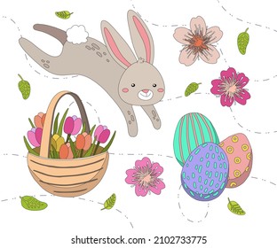 Cute bunny with basket and Easter eggs. Vector illustration in hand drawn style. Children Print. Vector cartoon illustration isolated on white background