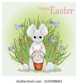 Hermoso conejo con una cesta de huevos de Pascua, con hierba y flores. Colorida ilustración para Pascua