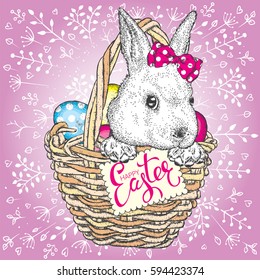 Cute Cute bunny in a basket with Easter eggs. Vector illustration. Spring holiday.