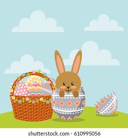 cute bunny and basket with easter eggs over sky background. happy easter. colorful design. vector illustration