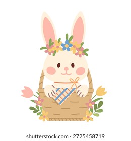 Netter Hase in einem Korb, umgeben von Blumen. Handgezeichnete, flache Abbildung.