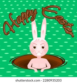 Hermoso baño en un agujero de prado con chocolate y mensaje de texto oriental feliz. Fondo de conejo de Pascua. Ilustración del vector