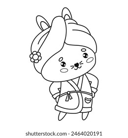 Cute bunny in bathrobe and with towel on head after bath time. Outline cartoon kawaii character animal. Line drawing, coloring book. Vector illustration. Kids collection