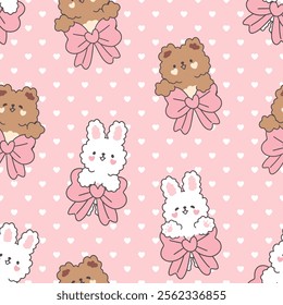 Cute bunny and bear with a bow on a pink background with hearts texture, kawaii animals valentines